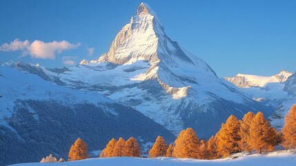 Majestic mountain landscape with snow-capped peaks and autumn-colored trees.
