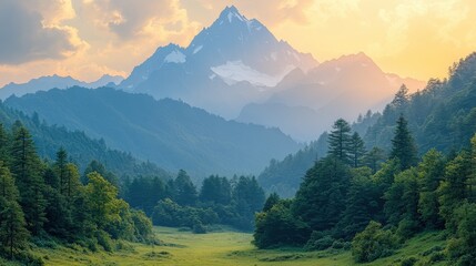 Scenic mountain landscape at sunset with lush greenery and distant peaks.