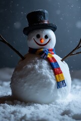 Cheerful snowman with a colorful scarf and top hat in a winter wonderland.