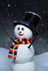 Snowman with Top Hat and Scarfs in a Winter Wonderland.