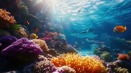 Fototapeta premium Vibrant Coral Reef Scene With Stingray And Fish