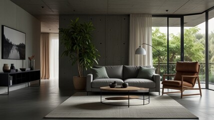 Modern living room with gray sofa, leather armchair, large window, and potted plant.