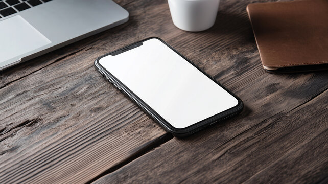 Smartphone mocap on wooden desktop, close-up. Laptop, cup, daily planner. Business concept.