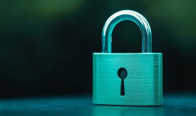 Futuristic digital padlock in neon lights against a blurred tech background, featuring blue and green 
