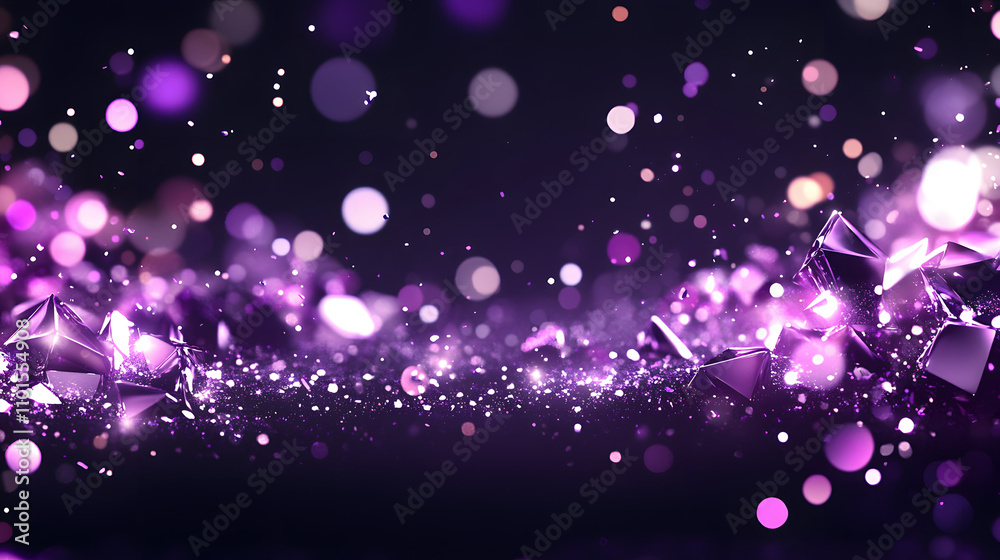Poster A vibrant, shimmering background of purple hues with sparkling lights and geometric shapes, creating a magical and dynamic visual effect