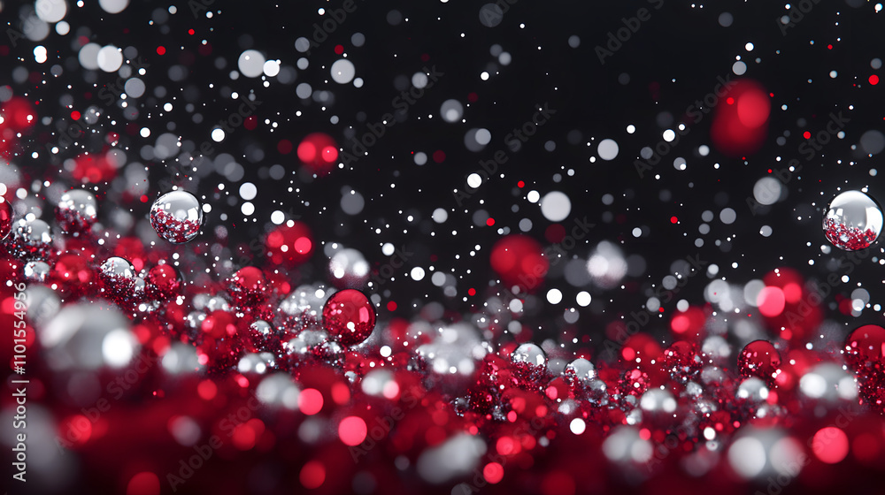 Poster A vibrant display of red and silver glittering spheres against a dark background, creating a festive and dynamic atmosphere
