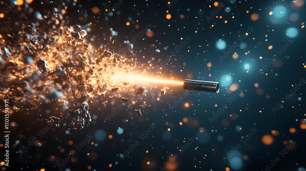 Poster a bullet explodes with sparks in a dark, dynamic background, showcasing energy and motion in a visua