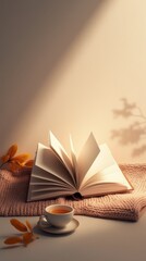 Cozy reading scene with open book, tea cup and warm blanket.