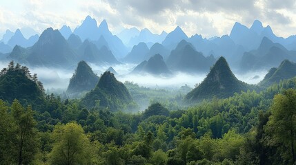 Serene mountain landscape shrouded in mist, showcasing lush greenery and towering peaks.