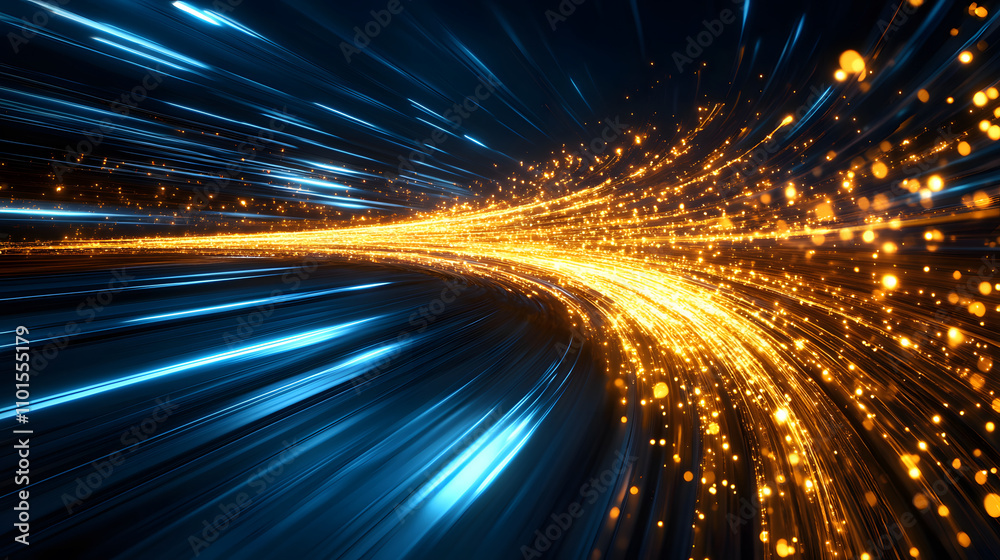 Aufkleber A vibrant cascade of golden sparks flows through dynamic blue lines, creating an illusion of speed and energy in a futuristic setting
