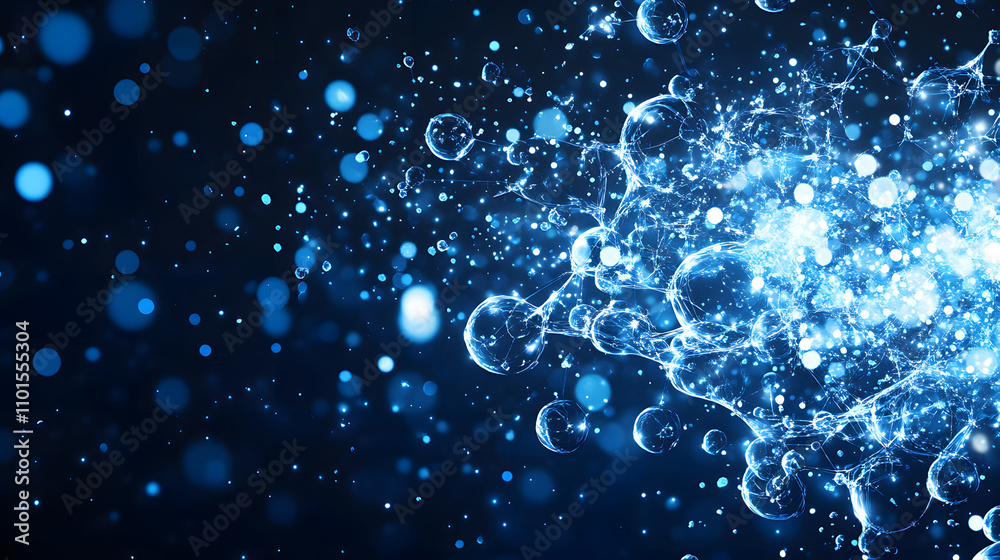 Poster A vibrant display of blue particles and bubbles against a dark background, creating a dynamic and ethereal atmosphere