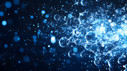 A vibrant display of blue particles and bubbles against a dark background, creating a dynamic and ethereal atmosphere