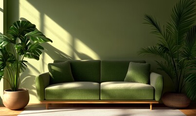 Fototapeta premium Indoor plants in living room with decorations; stylish green interior: urban jungle concept green, beige 