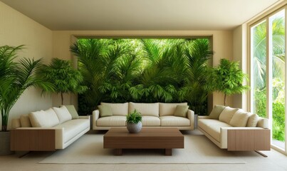 Fototapeta premium Indoor plants in living room with decorations; stylish green interior: urban jungle concept green, beige 