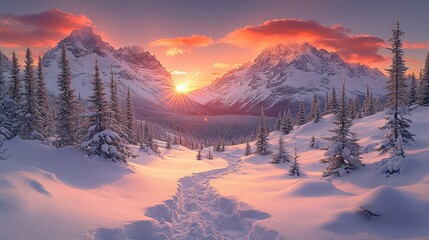 Snow-covered mountains at sunset, creating a serene winter landscape.