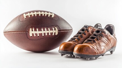 Close-up of Classic Vintage Leather Football and Cleats on White Background