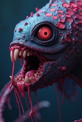 close up of a mythical fish with fangs and vivid red eyes in the dark ocean.