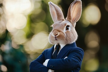 A suited man with a rabbit head confidently poses in a forest setting during early autumn