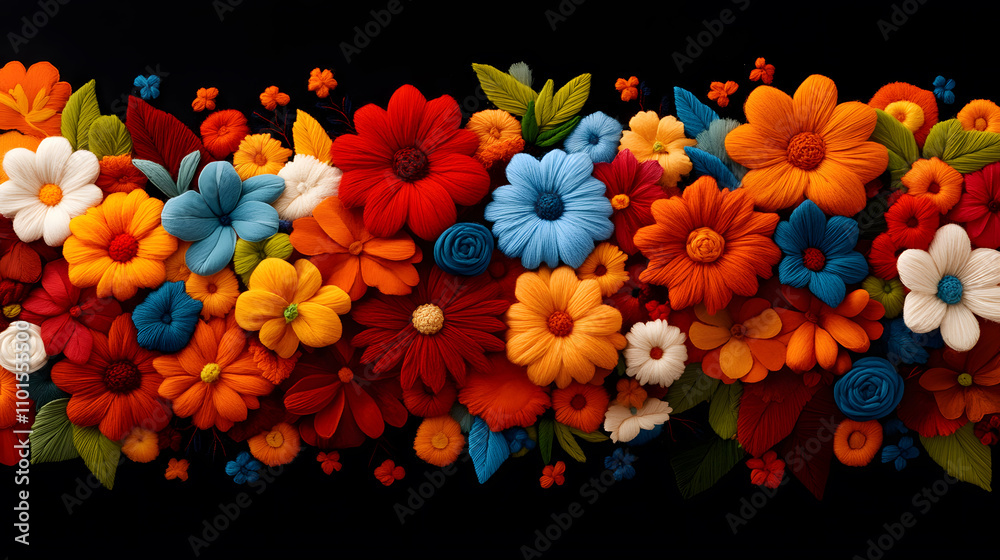 Poster A vibrant array of colorful flowers arranged in a decorative pattern against a dark background
