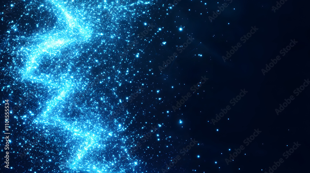 Poster a vibrant blue sparkly background with a flowing, wavy pattern, conveying a sense of motion and ener