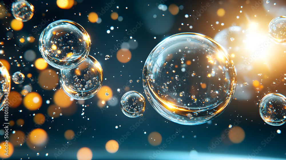 Poster A collection of shimmering bubbles suspended in a dark backdrop, illuminated by glowing golden orbs, creating a magical and ethereal atmosphere