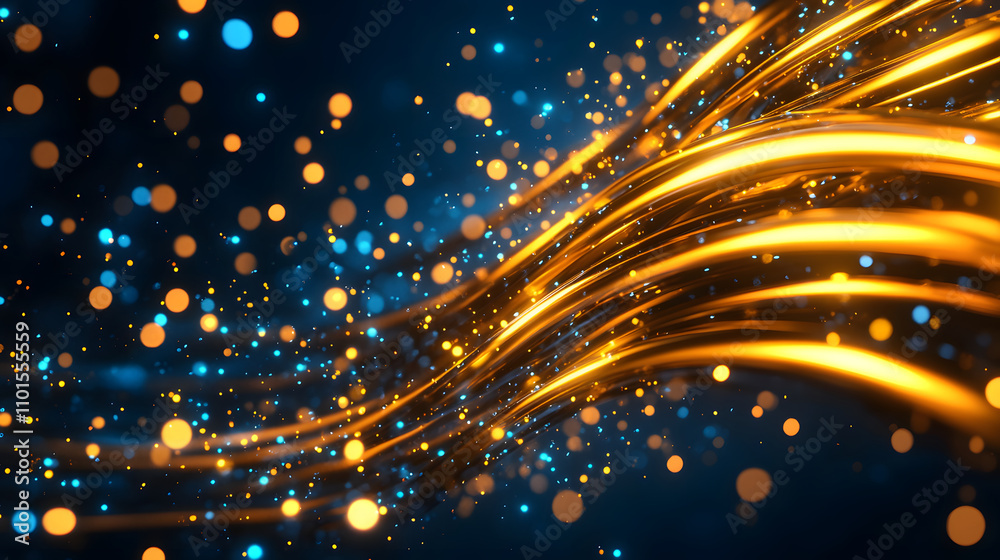 Aufkleber a vibrant abstract image featuring golden waves and sparkling blue particles against a dark backgrou