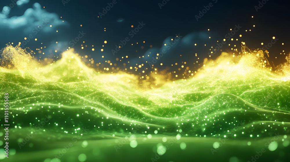 Poster A vibrant abstract depiction of flowing waves illuminated by glowing particles, creating a dynamic and enchanting ocean-like scene