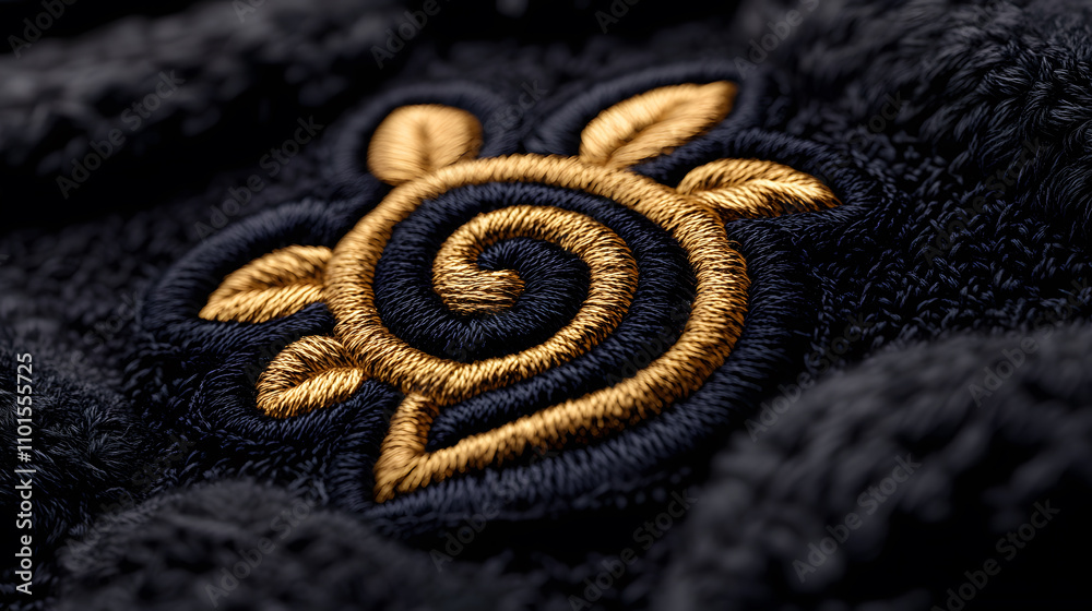 Poster close-up of a textured fabric featuring an intricate gold and black embroidered design resembling a 