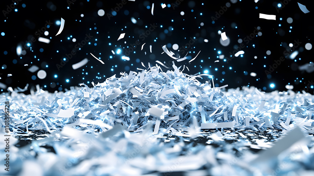 Poster A pile of shiny shredded paper glistens against a dark background, creating a dynamic texture with a sense of depth and movement