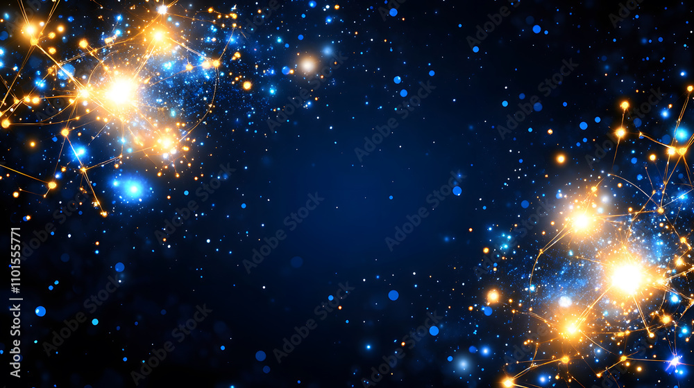 Poster a cosmic scene featuring glowing stars and bright particles against a deep blue background, creating