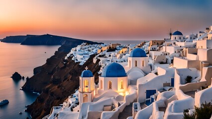 Santorinis white washed buildings overlooking the deep blue aegean sea during sunset, Ai Generated