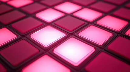 Abstract close-up view of illuminated pink square tiles creating a vibrant pattern, showcasing modern design elements suitable for artistic and creative projects.