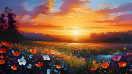 Beautiful spring landscape with colorful flowers on sunset background. Digital painting.