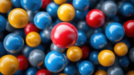 Colorful spheres in dynamic arrangement showcasing vibrant blue, red, yellow, and gray colors, creating an engaging abstract visual composition ideal for creative design projects.