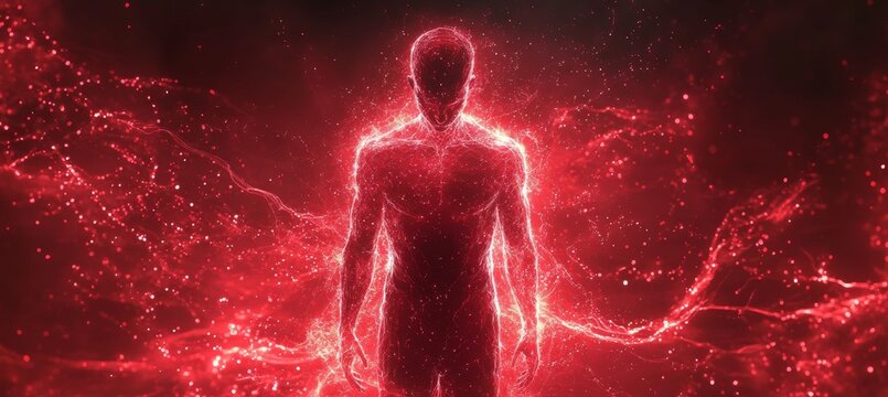 Glowing human spirit with red chakra aura. Religion spiritual wisdom. Generative AI technology.	
