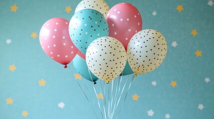 A colorful arrangement of balloons against a starry blue background, perfect for celebrations.