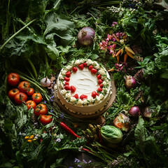Celebrating freshness a vibrant garden cake display home kitchen food photography natural setting close-up seasonal delight