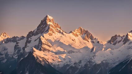 Snow capped peaks of the swiss alps at sunrise with golden light illuminating the mountains, Ai Generated