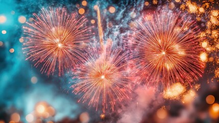 Vibrant fireworks burst in the night sky, creating a festive and celebratory atmosphere.