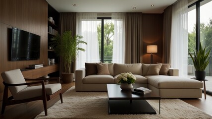 Fototapeta premium Modern living room with beige sectional sofa, wooden wall, large windows, and plants.