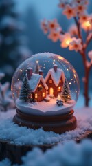 Snow globe with house and pine trees, for Christmas and New Year.