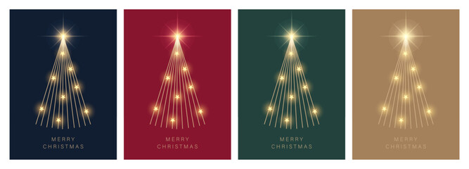 Merry Christmas invitation card, vector illustration. Minimal design Christmas tree on green, red, blue background. 