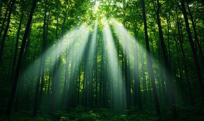 Fototapeta premium Serene forest with sunlight filtering through trees, misty atmosphere, lush greenery; colors: green, gold 
