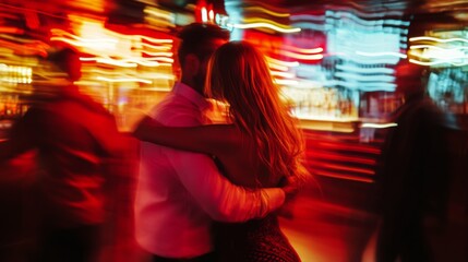 Fototapeta premium A romantic scene in vibrant colors. The blurred background captures the lively atmosphere of a night out. Couples embrace surrounded by energy and excitement. Generative AI