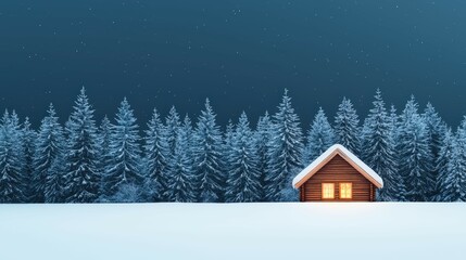 Naklejka premium Cozy Cabin in a Snowy Landscape Surrounded by Dense Evergreen Trees Under a Starry Night Sky