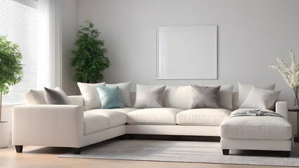 interior with white sofa. mock up poster frame