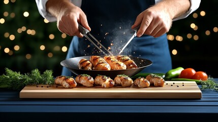 Male chef grilling chicken skewers amidst festive lights with fresh vegetables