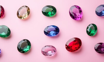 Vibrant gemstones in ruby red, emerald green, and sapphire blue on a pastel pink background 