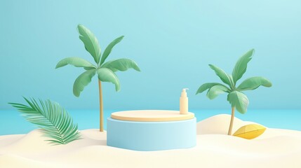 Fototapeta premium Minimalist summer scene features light blue podium on sandy beach. Palm trees, tropical leaves frame presentation space. Cosmetic product bottle displayed. Vacation concept. Modern design.