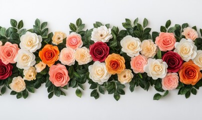 Vibrant wall background featuring handmade red, orange, pink, and yellow roses for wedding decoration 
